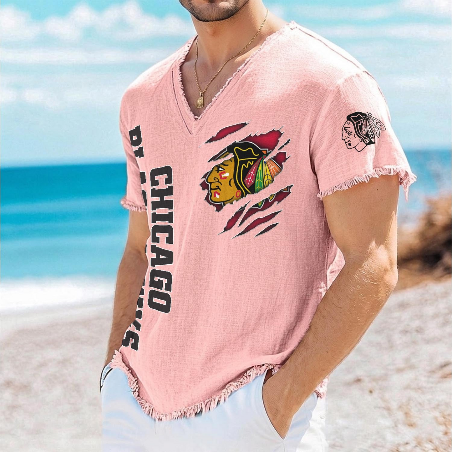 CHI x NHL V-Neck Linen Beach Shirt 1905 DatND DVT
