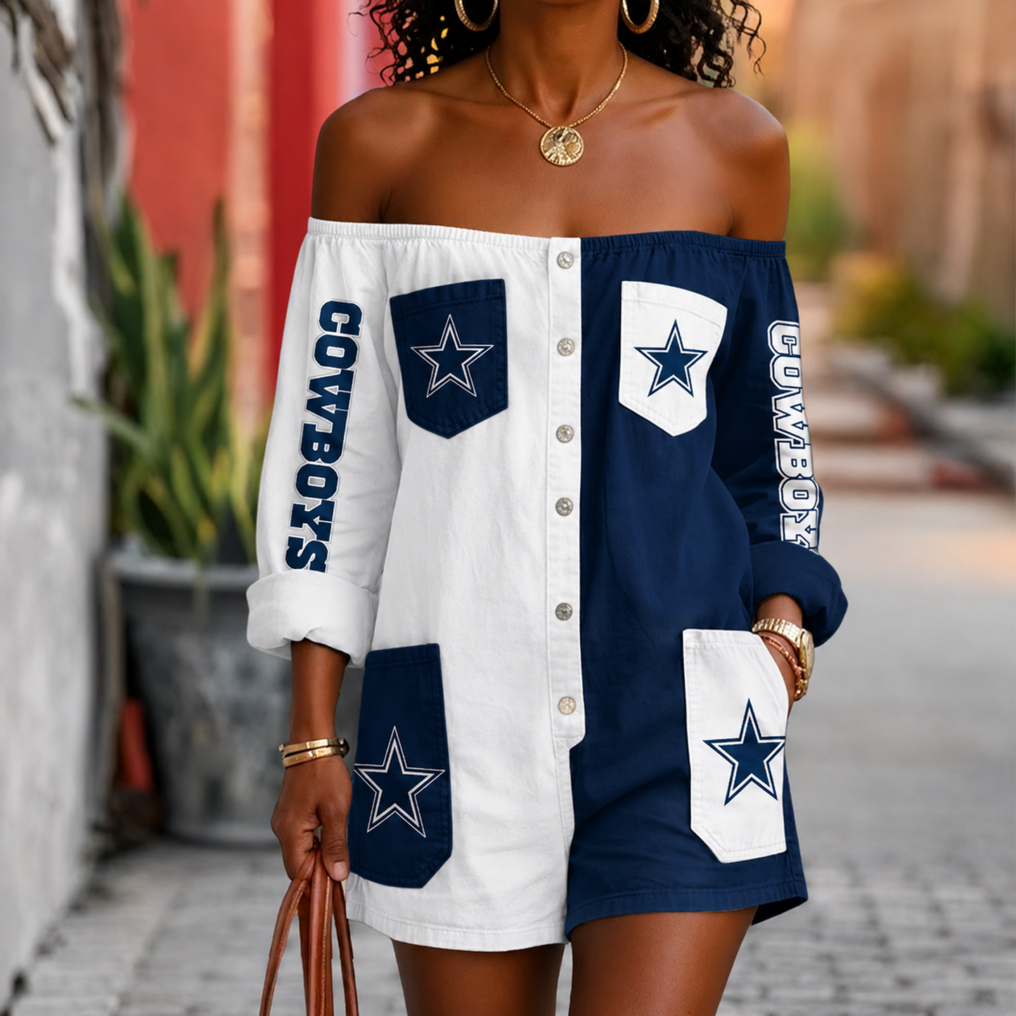 DAL x NFL Button-Front Off-Shoulder Dress DATND TANTD 060626
