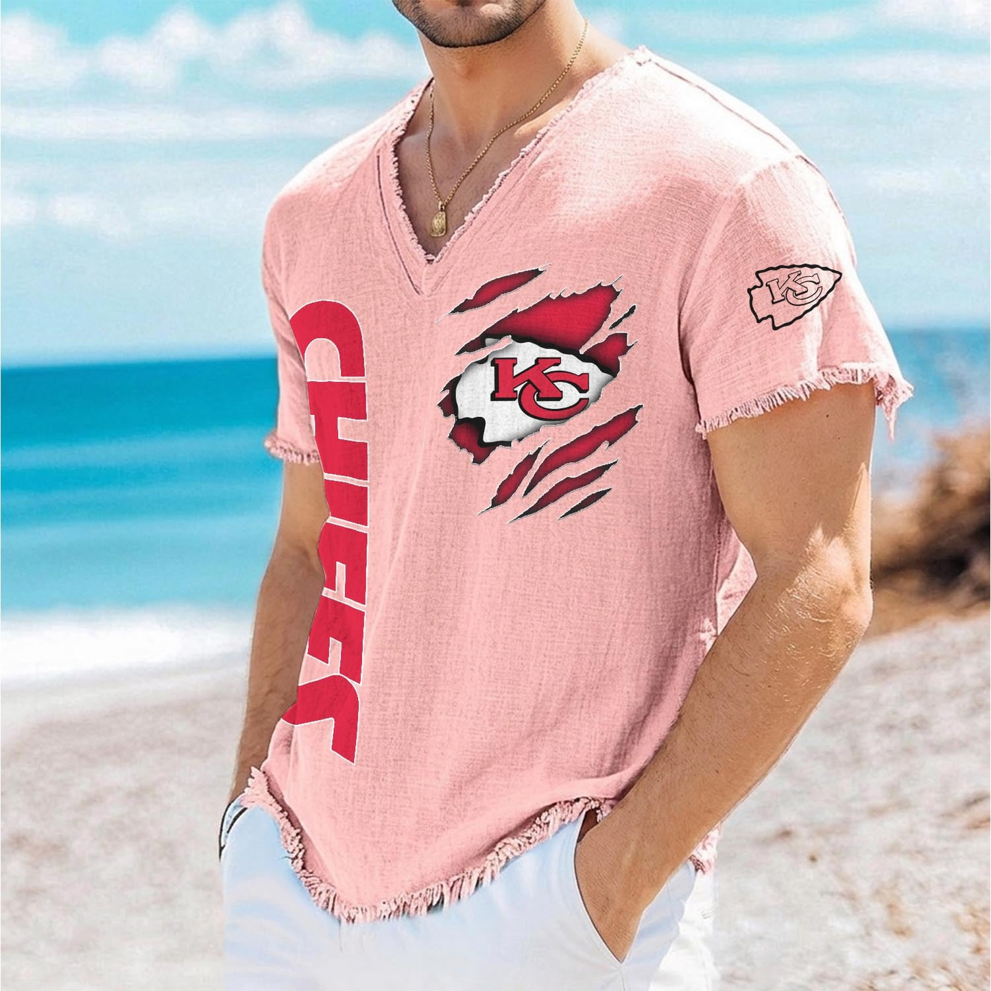 KC x NFL V-Neck Linen Beach Shirt 1905 DatND DVT