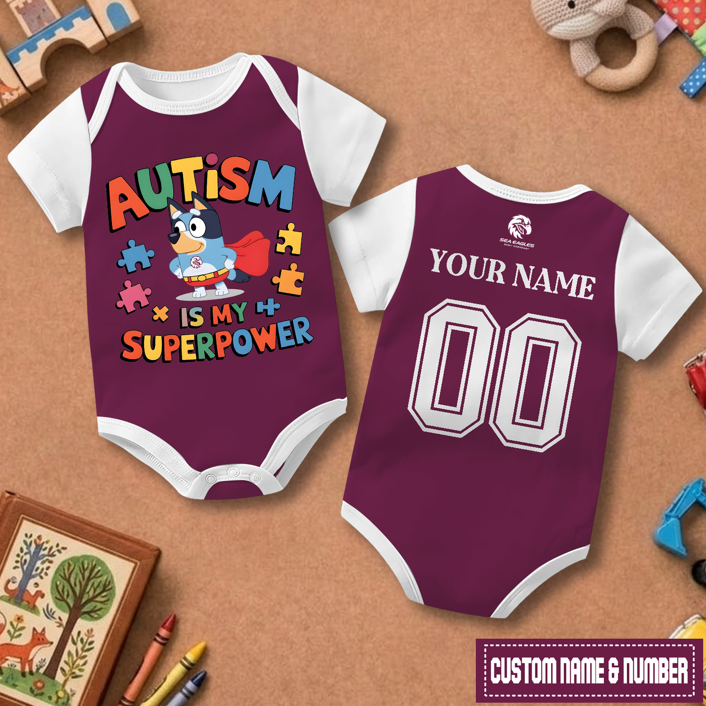 MAN x NRL Custom Name & Number Baby Romper DATND TANTD
