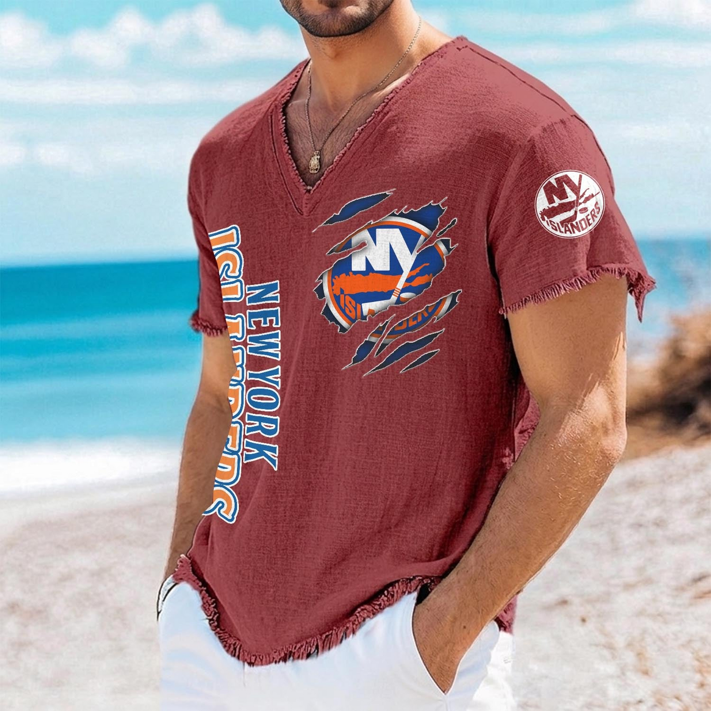 NYI x NHL V-Neck Linen Beach Shirt 1905 DatND DVT