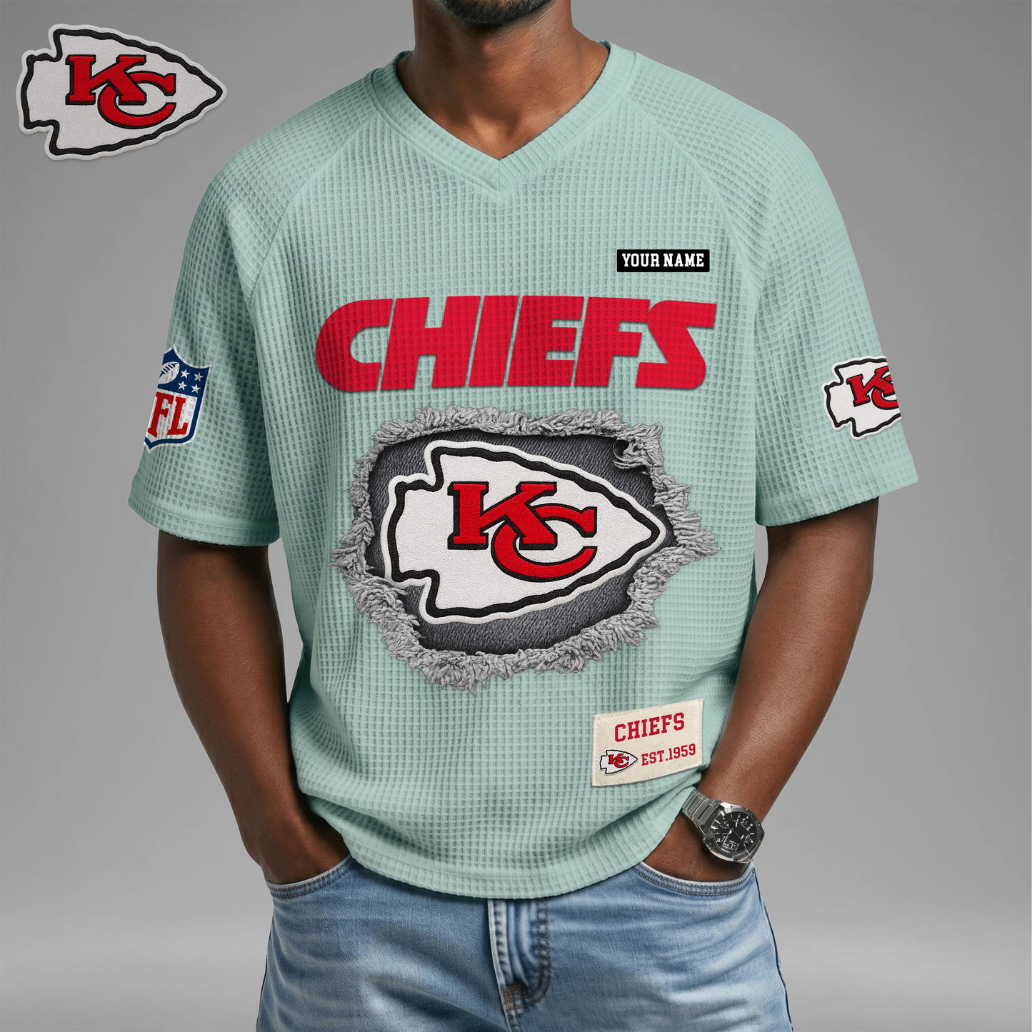 PREMIUM NFL X KC Game Day Waffle V-neck T-shirt 110626