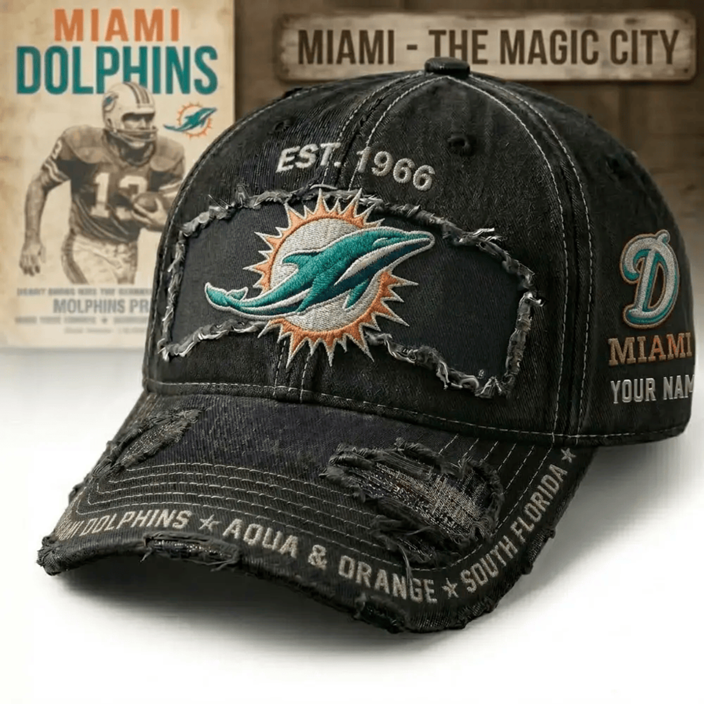 PREMIUM NFL X MIA Denim Washed Custom Name HAT NDT NHM 050526