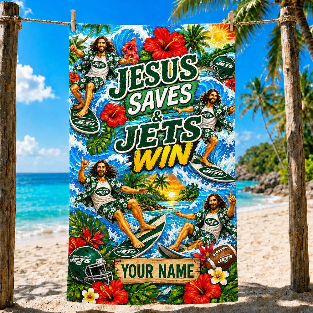 PREMIUM NFL X NYJ Funny Jesus Surfing Beach Towel Custom Name For Summer Holiday 190526