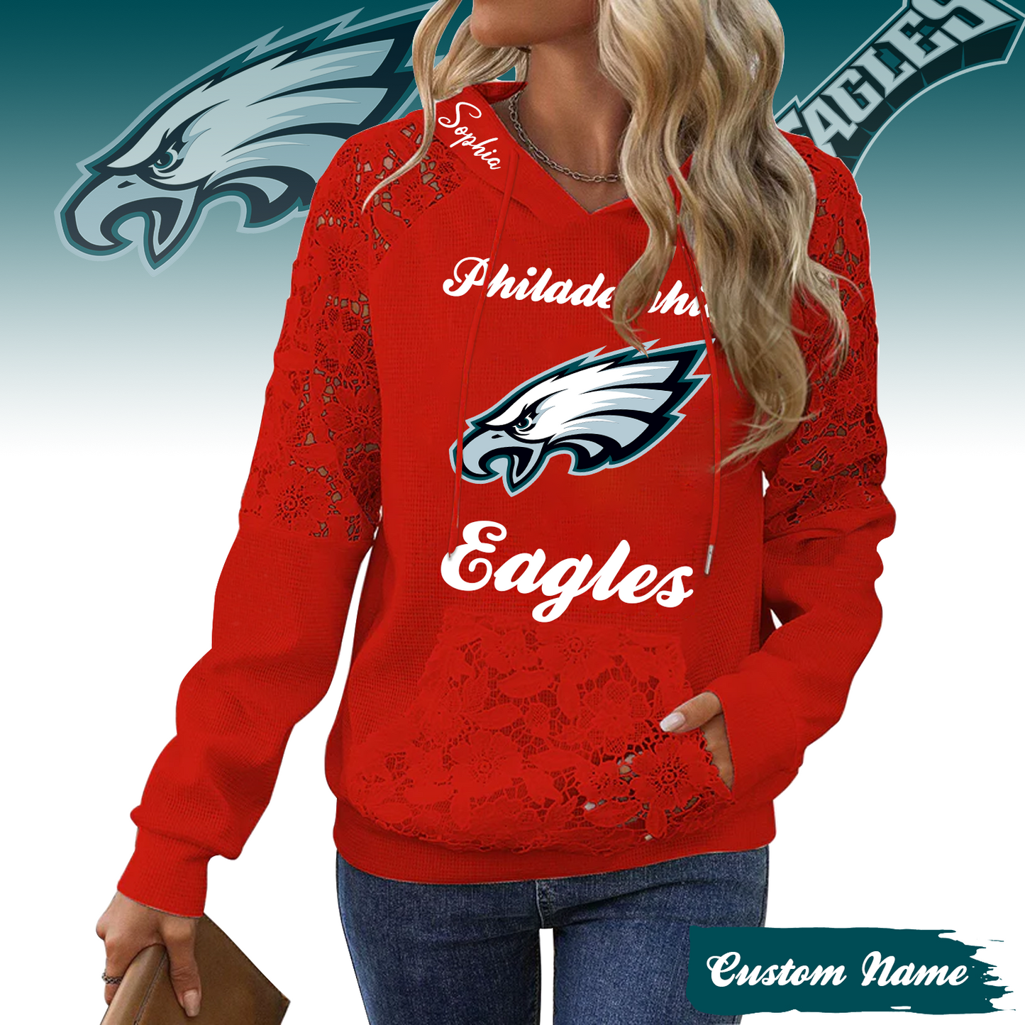 PREMIUM NFL X PHI Women's Lace Paneled Waffle Hoodie With Pockets SHIRT NDT TDT