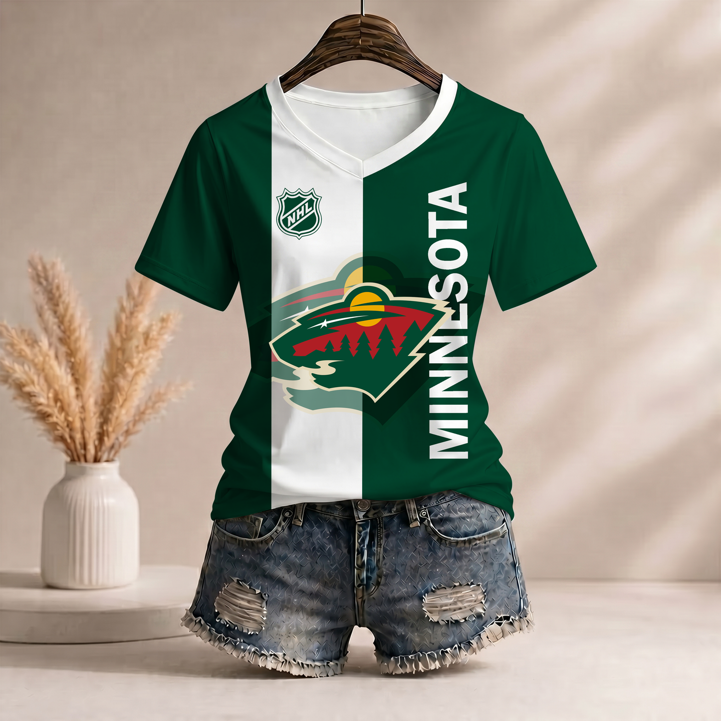 PREMIUM NHL X MW WomenŸ??s Casual Loose Stripe V-Neck T-Shirt NDT VHM 290526