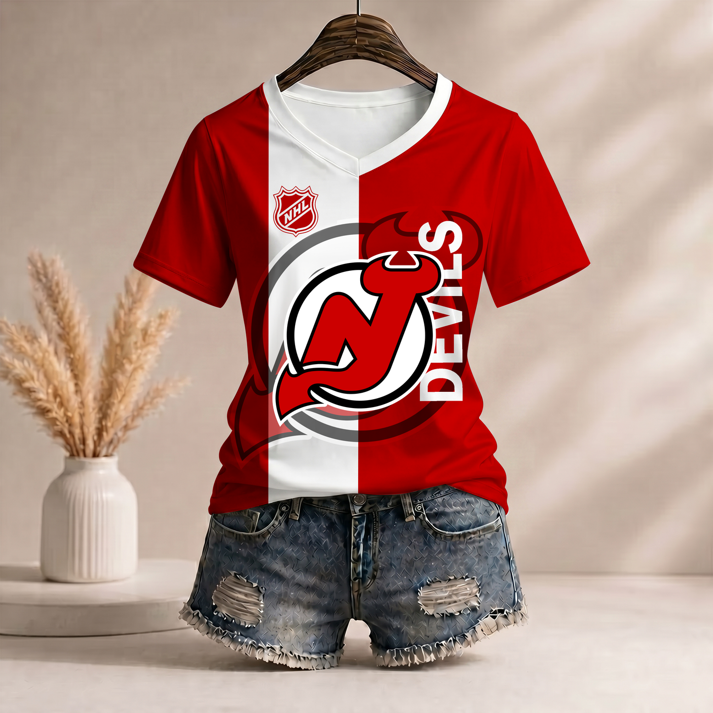 PREMIUM NHL X NJD WomenŸ??s Casual Loose Stripe V-Neck T-Shirt NDT VHM 290526