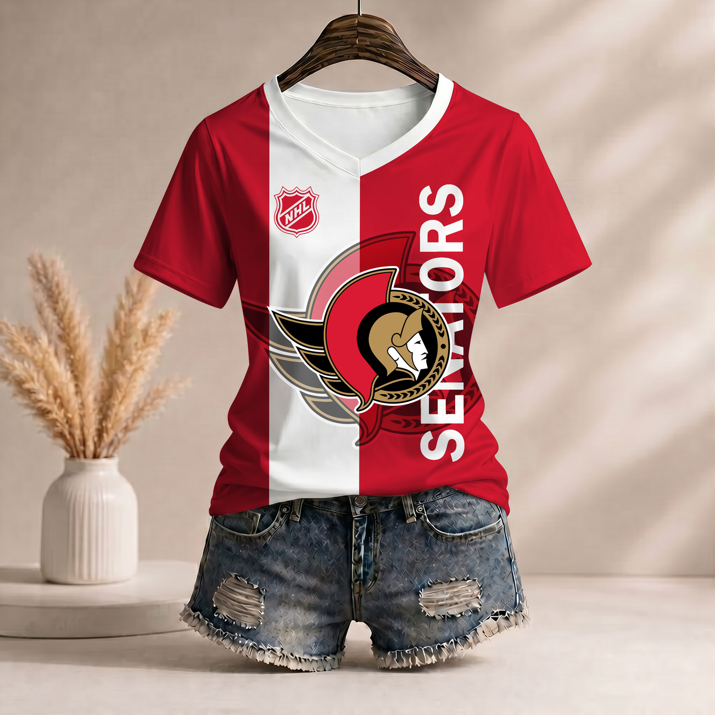 PREMIUM NHL X OS WomenŸ??s Casual Loose Stripe V-Neck T-Shirt NDT VHM 290526