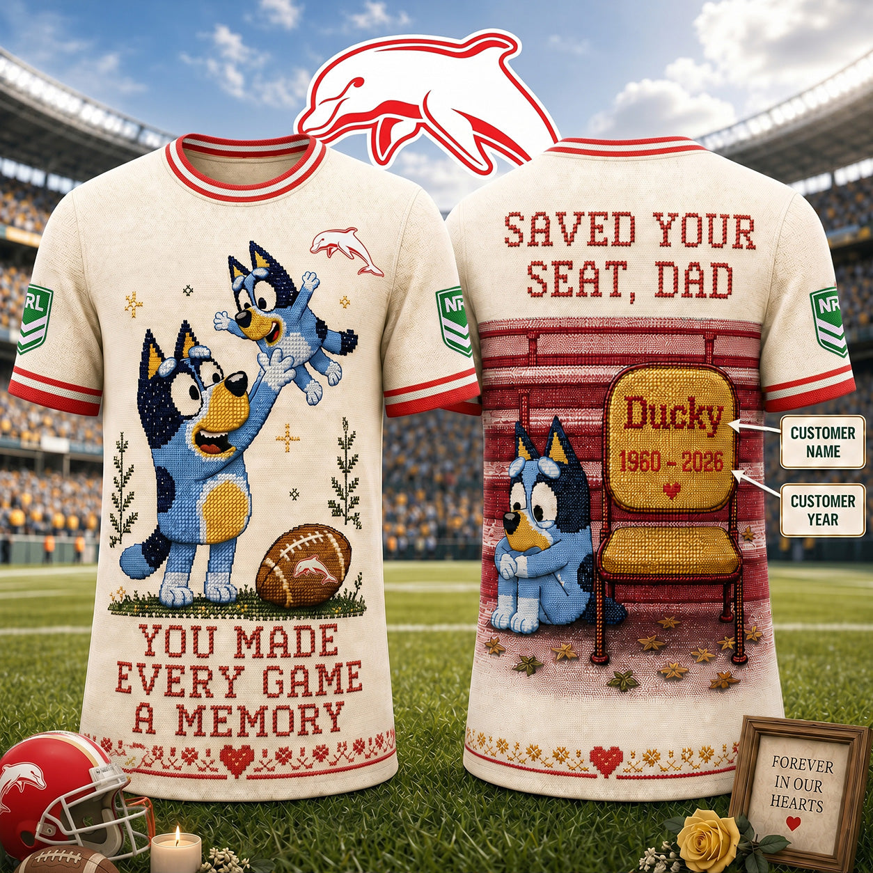 PREMIUM NRL X DOL Custom 3D BLUEY Faux-Stitch Dad Memorial Shirt NDT NTN 220526