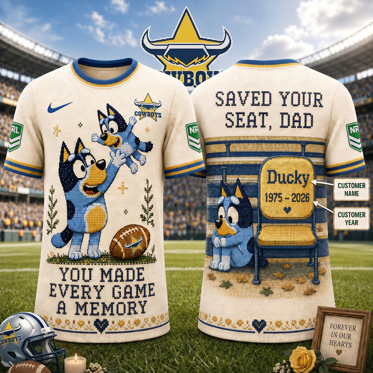 PREMIUM NRL X NQC Custom 3D BLUEY Faux-Stitch Dad Memorial Shirt NDT NTN 220526