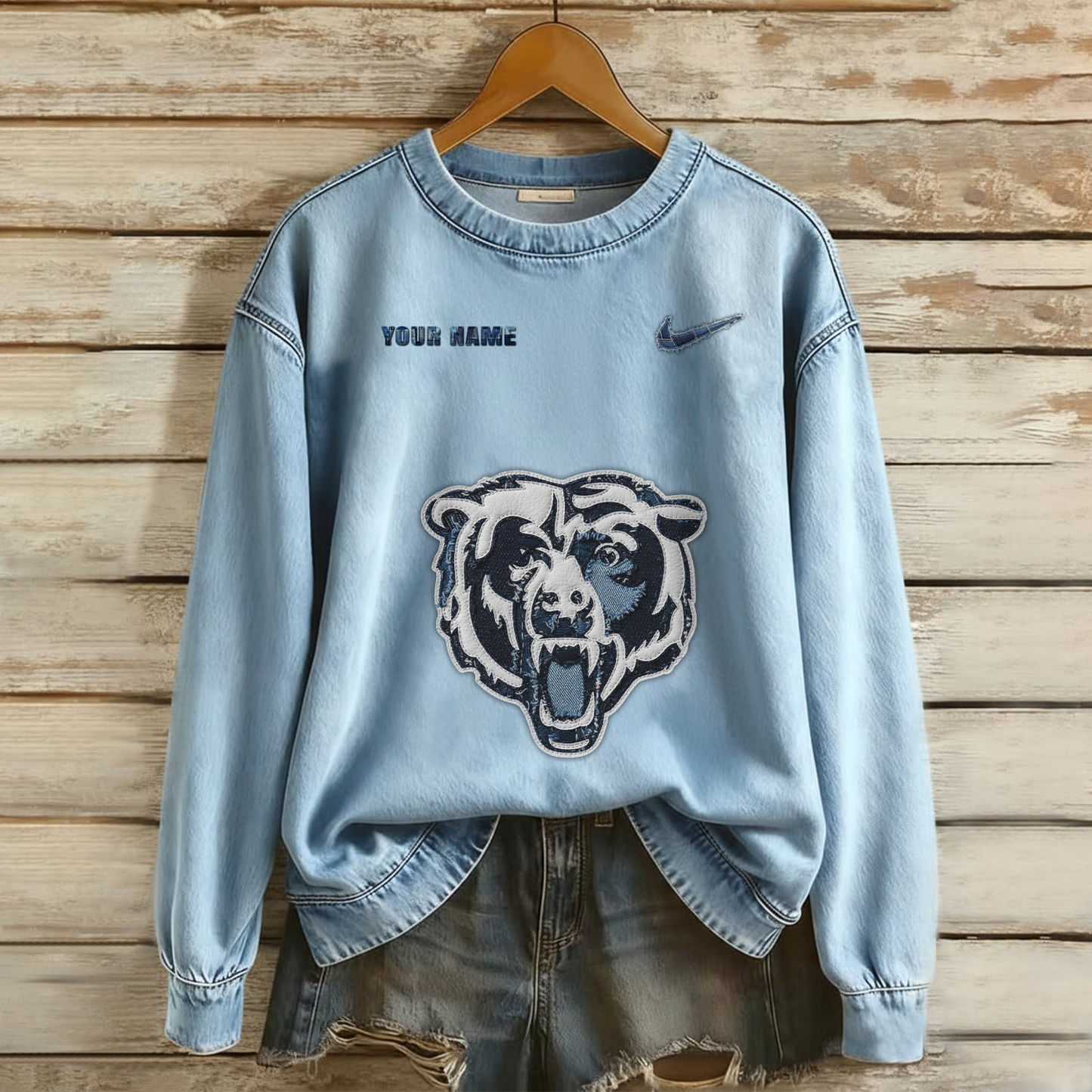 Personalized CHI x NFL Denim Patchwork Art Sweater DDT NTL