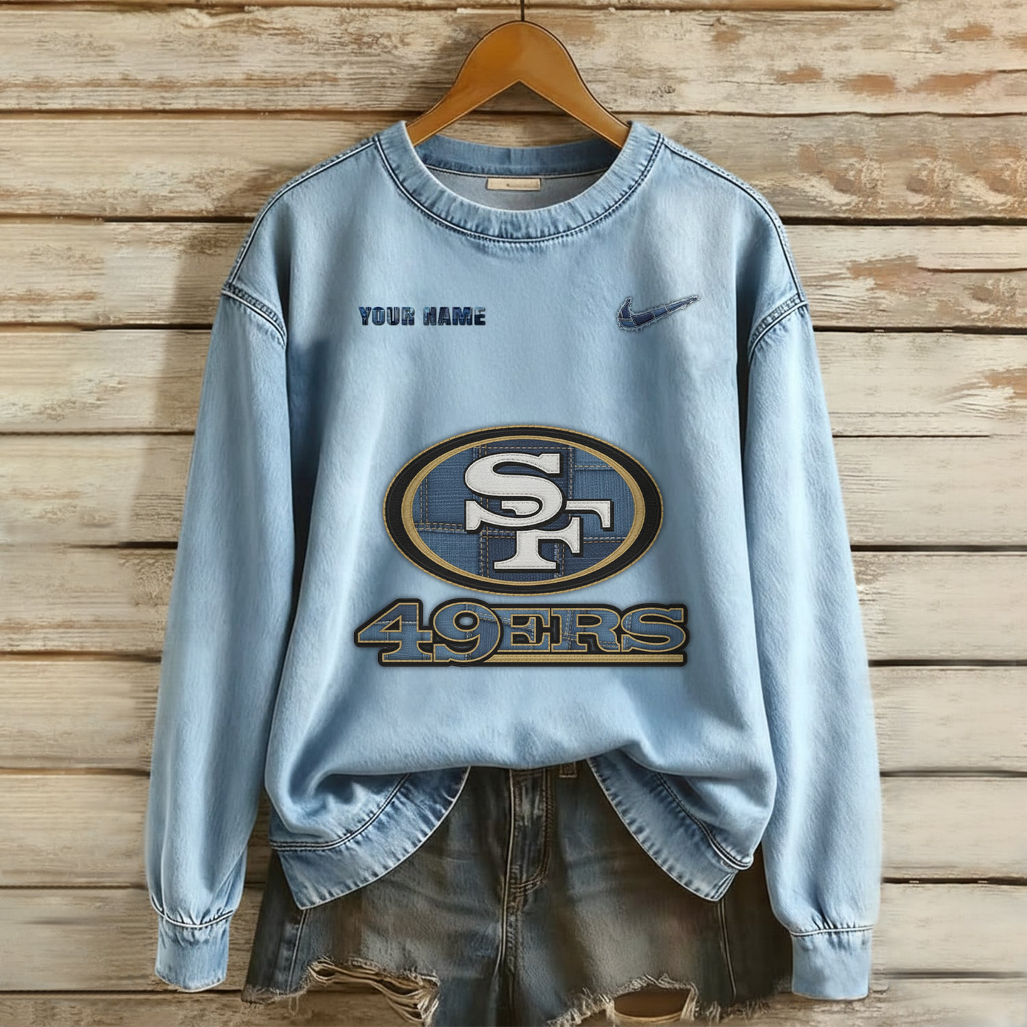 Personalized SF49 x NFL Denim Patchwork Art Sweater DDT NTL