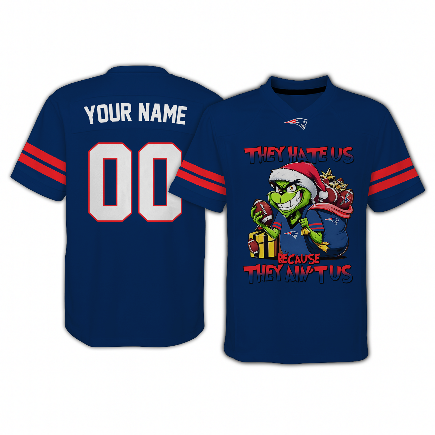 NE x NFL They Hate Us Because They Ain't Us Grinch Christmas-V-neck Short Sleeve Jersey DatND DVT