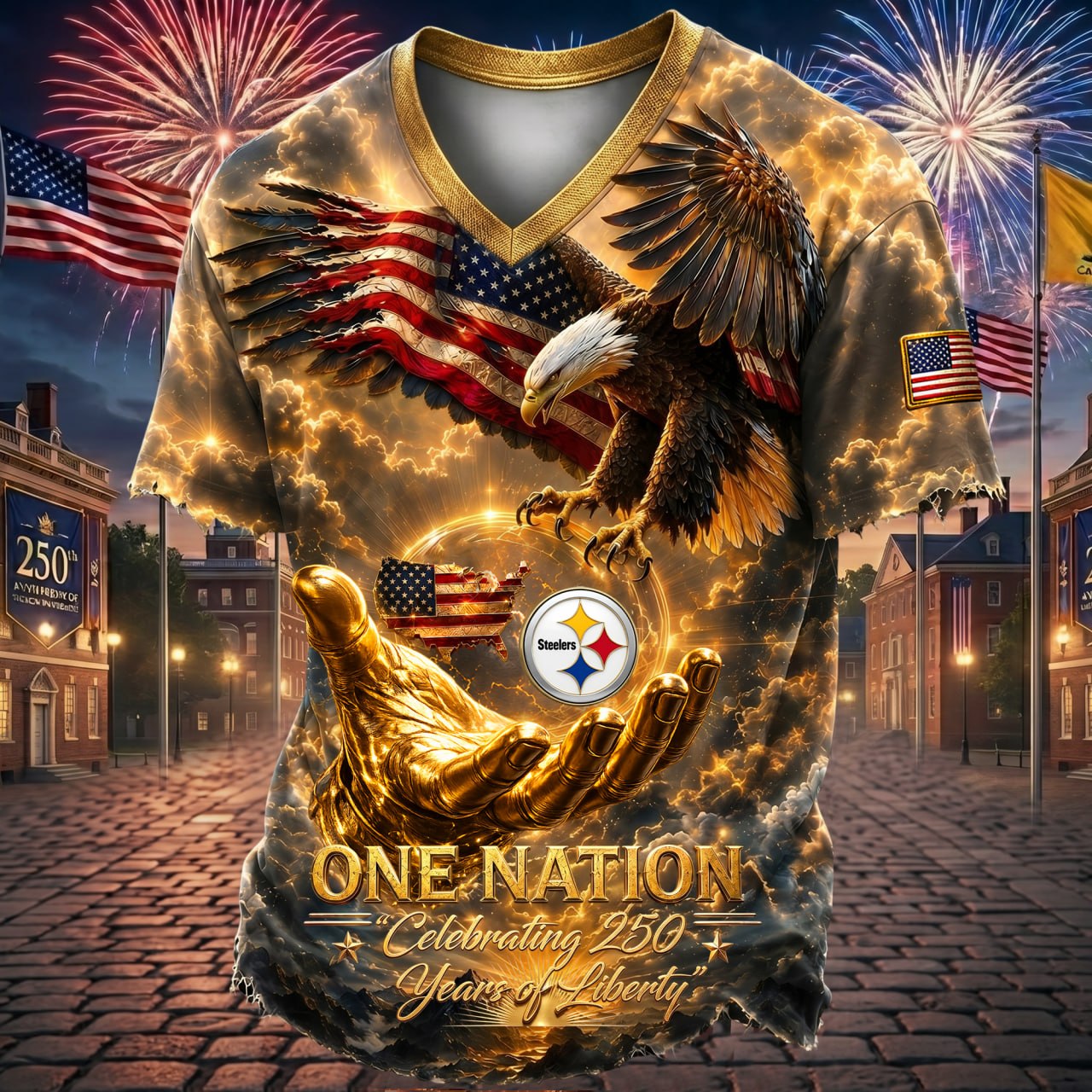 This sports t-shirt commemorates the 250th anniversary of the founding of the United States 2905 NAK TTT