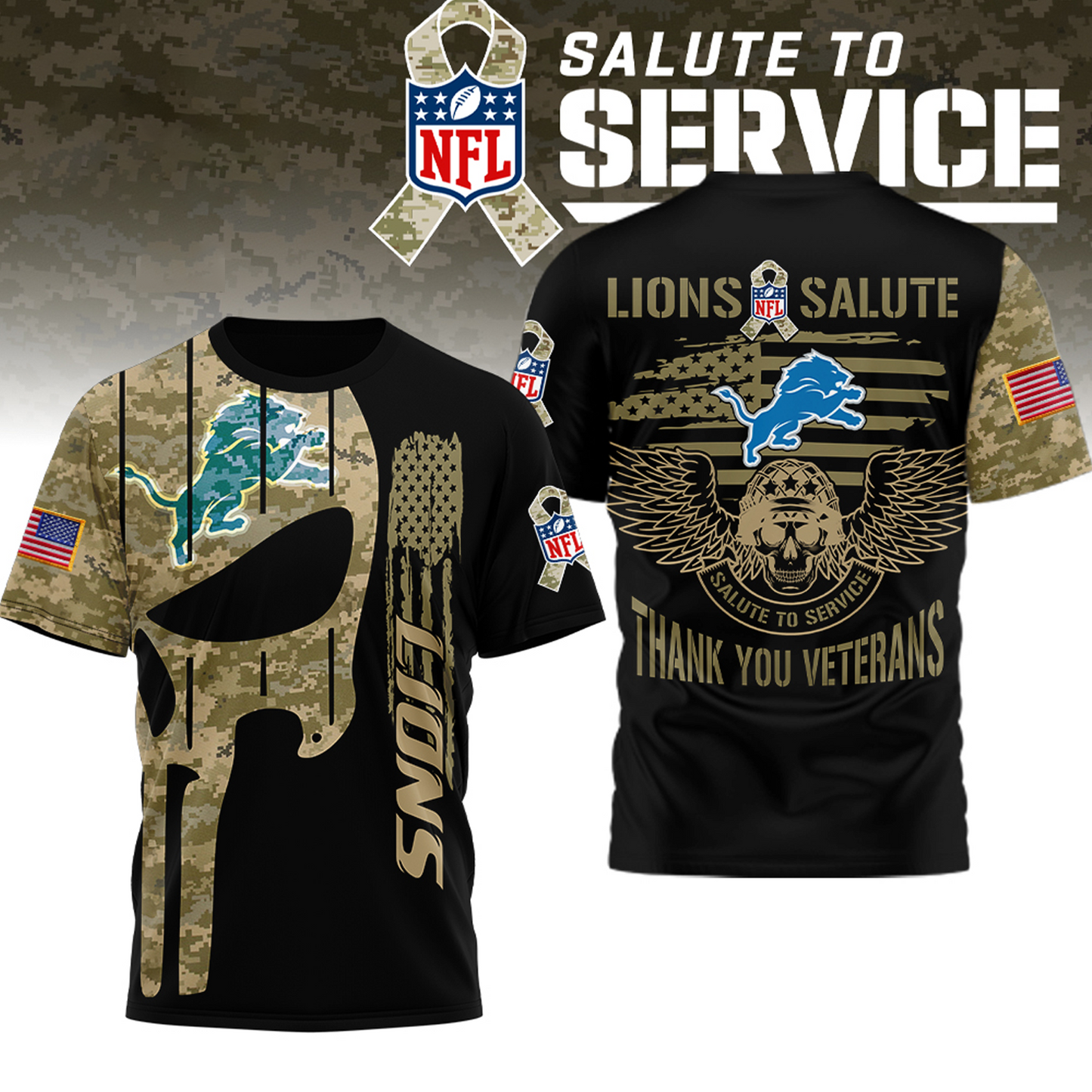 Premium NFL x DET Thank you Veterans 3D Shirt NDT TDT