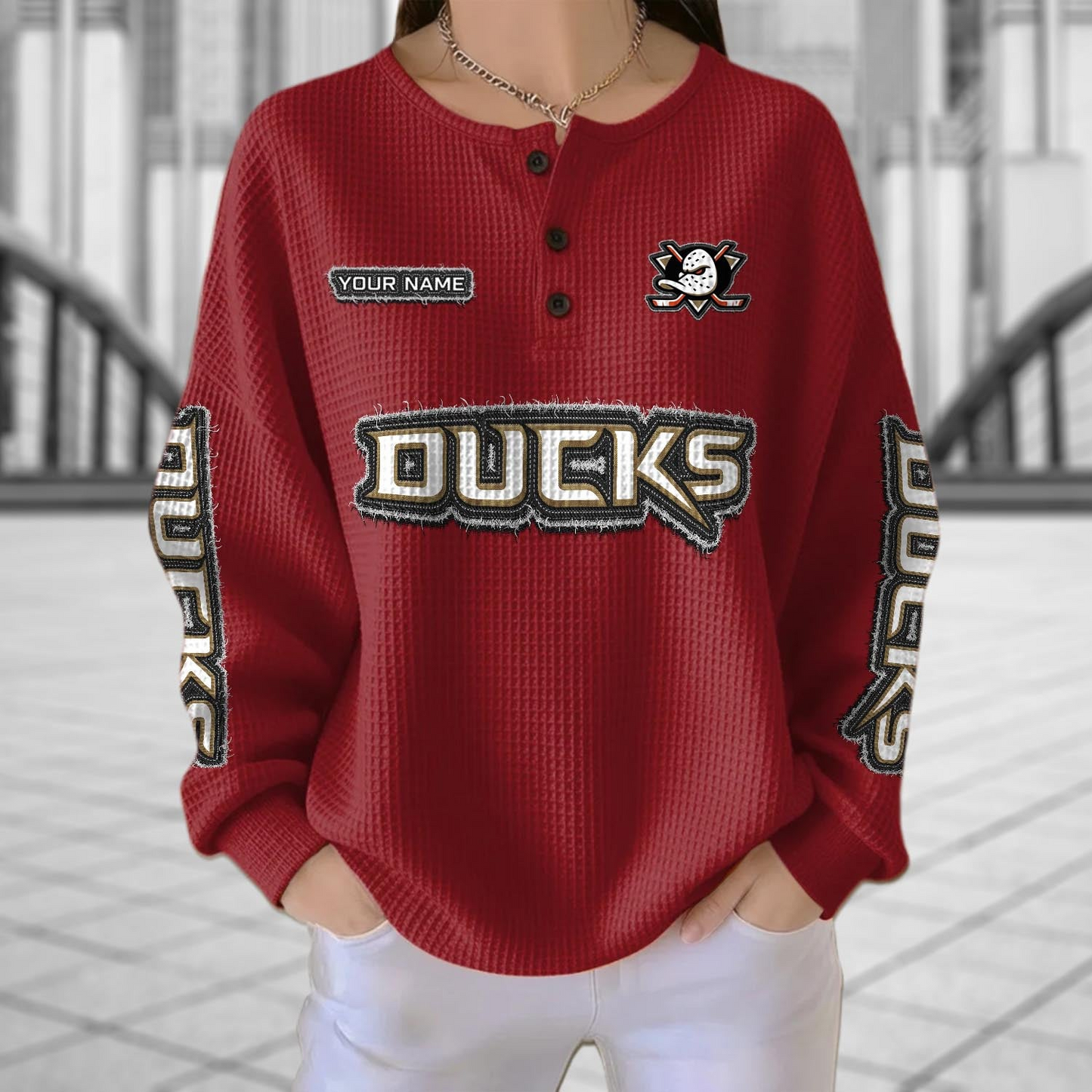 ANA x NHL Personalized Waffle Knit Henley Sweatshirt 2005 DatND DVT