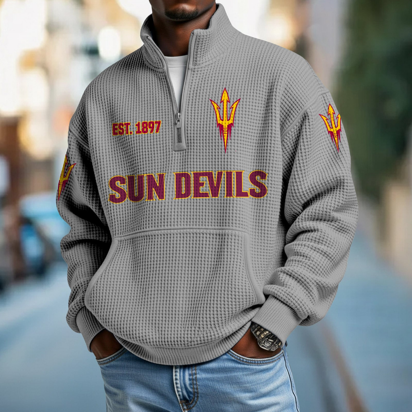 ASU x College Football - Waffle Stand Collar Half Zip Sweatshirt DatND DVT