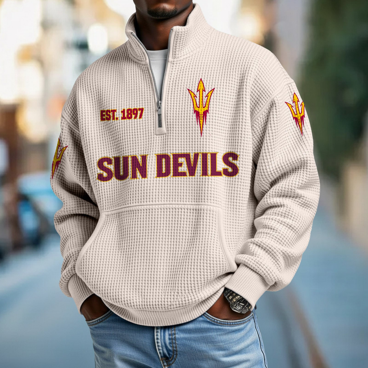 ASU x College Football - Waffle Stand Collar Half Zip Sweatshirt DatND DVT