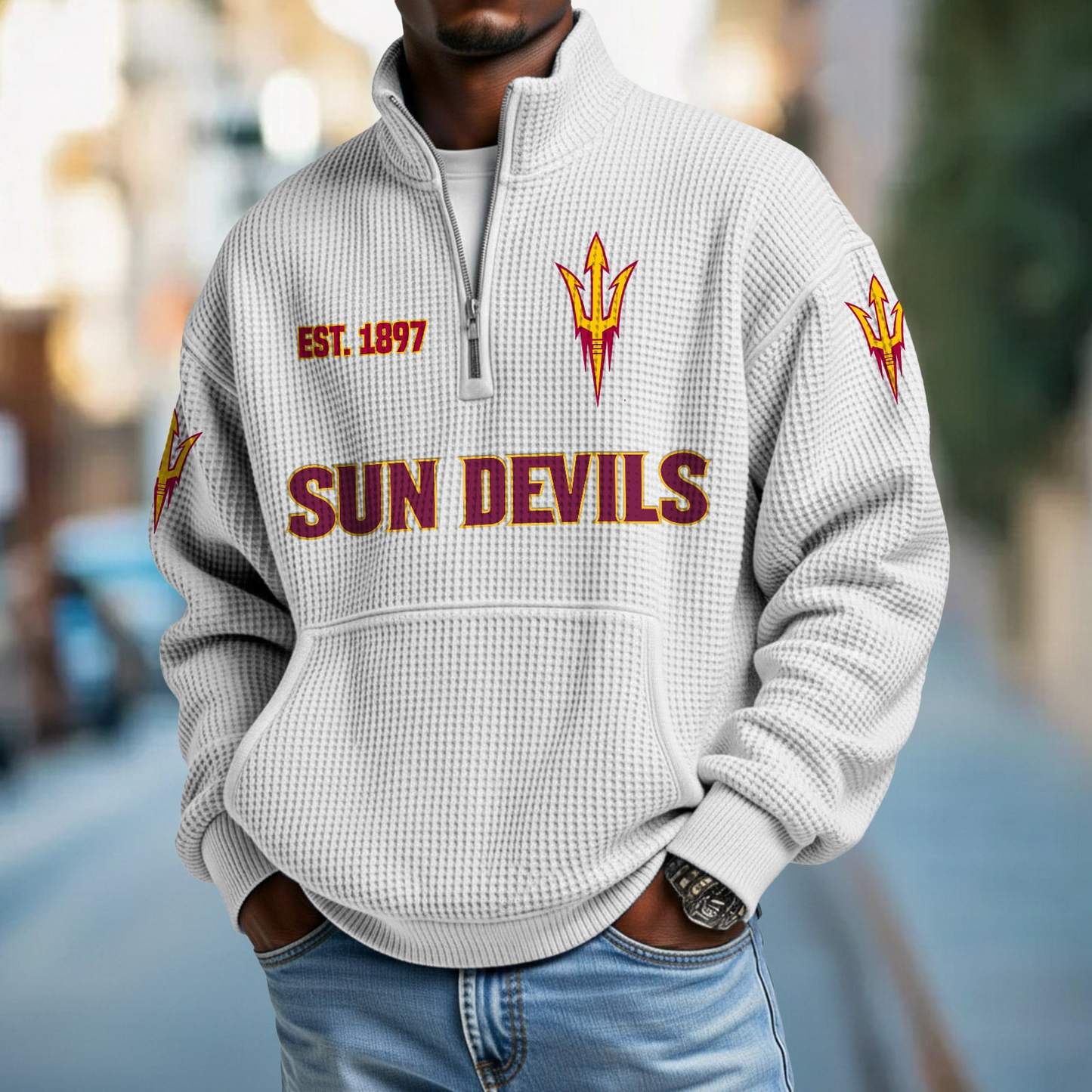 ASU x College Football - Waffle Stand Collar Half Zip Sweatshirt DatND DVT