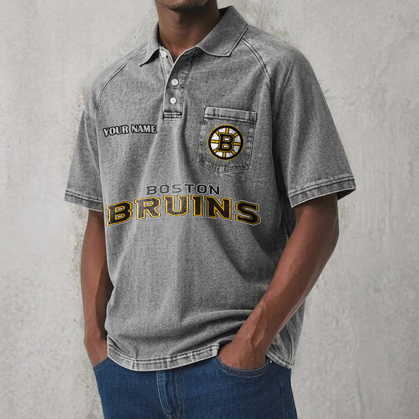 BOS x NHL Men's Distressed Turn-Down Collar Polo DATND TANTD 250526