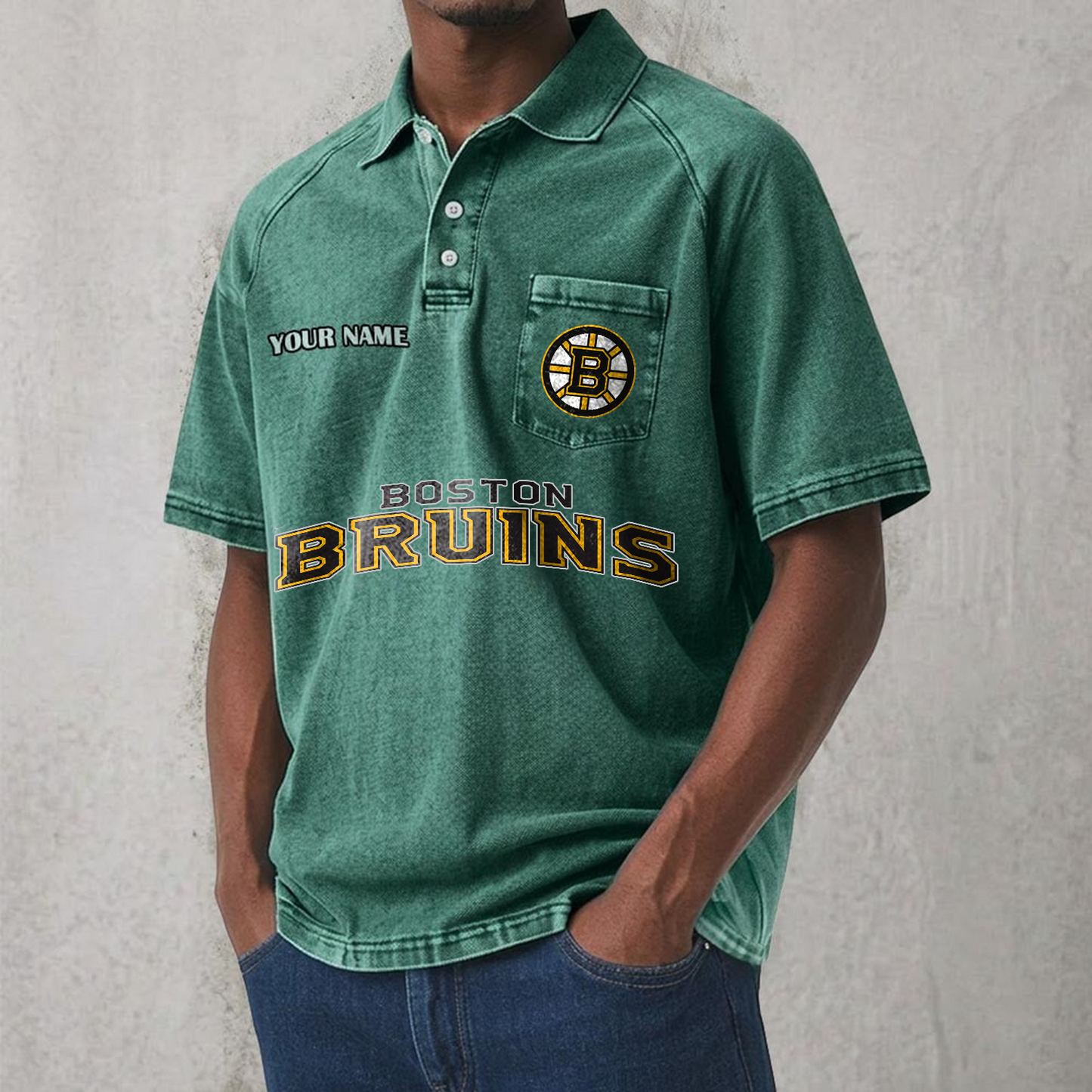 BOS x NHL Men's Distressed Turn-Down Collar Polo DATND TANTD 250526