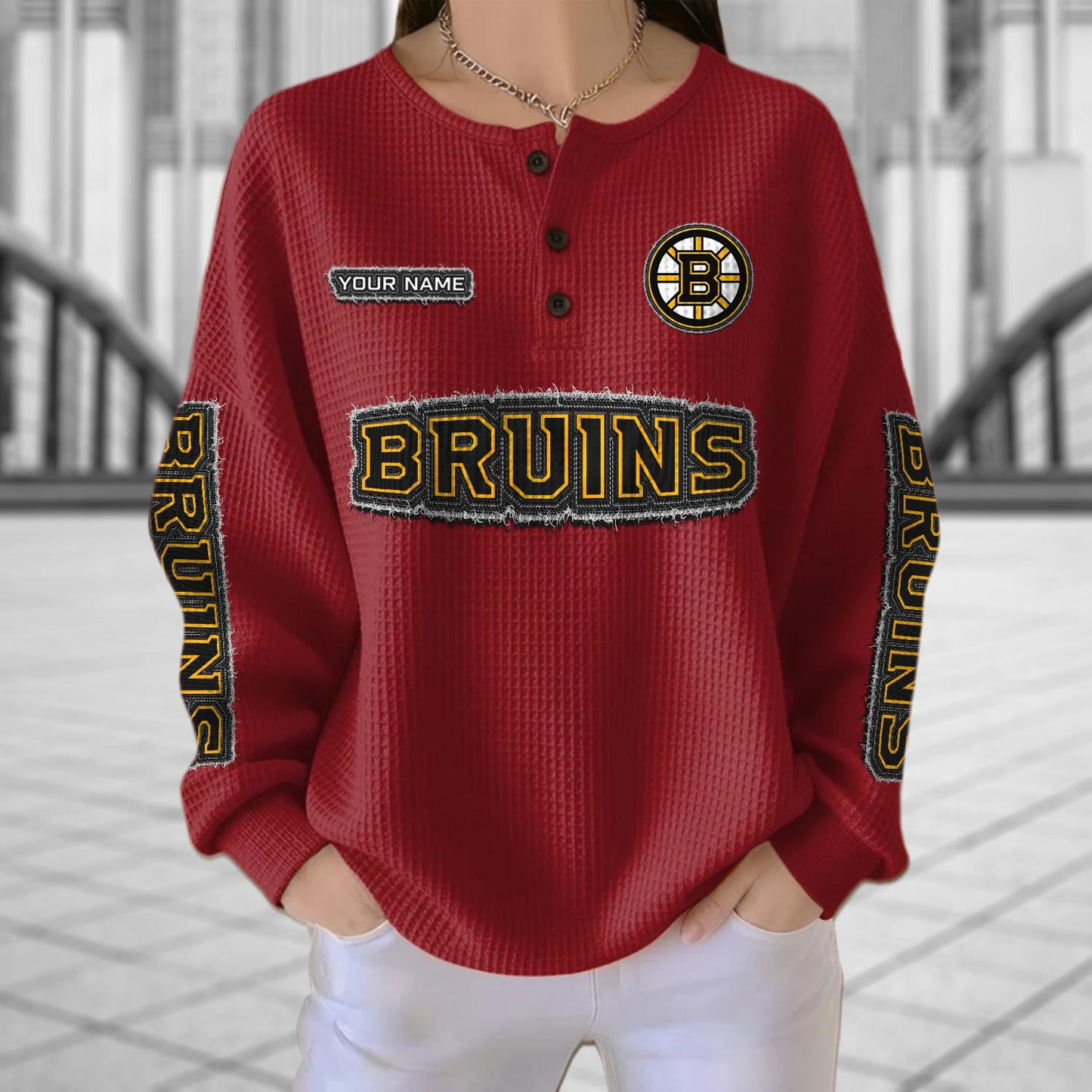 BOS x NHL Personalized Waffle Knit Henley Sweatshirt 2005 DatND DVT