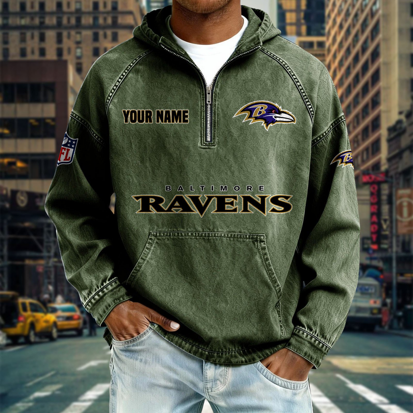 BR x NFL Denim Long - Sleeved Hooded Sweatshirt DDT NTL