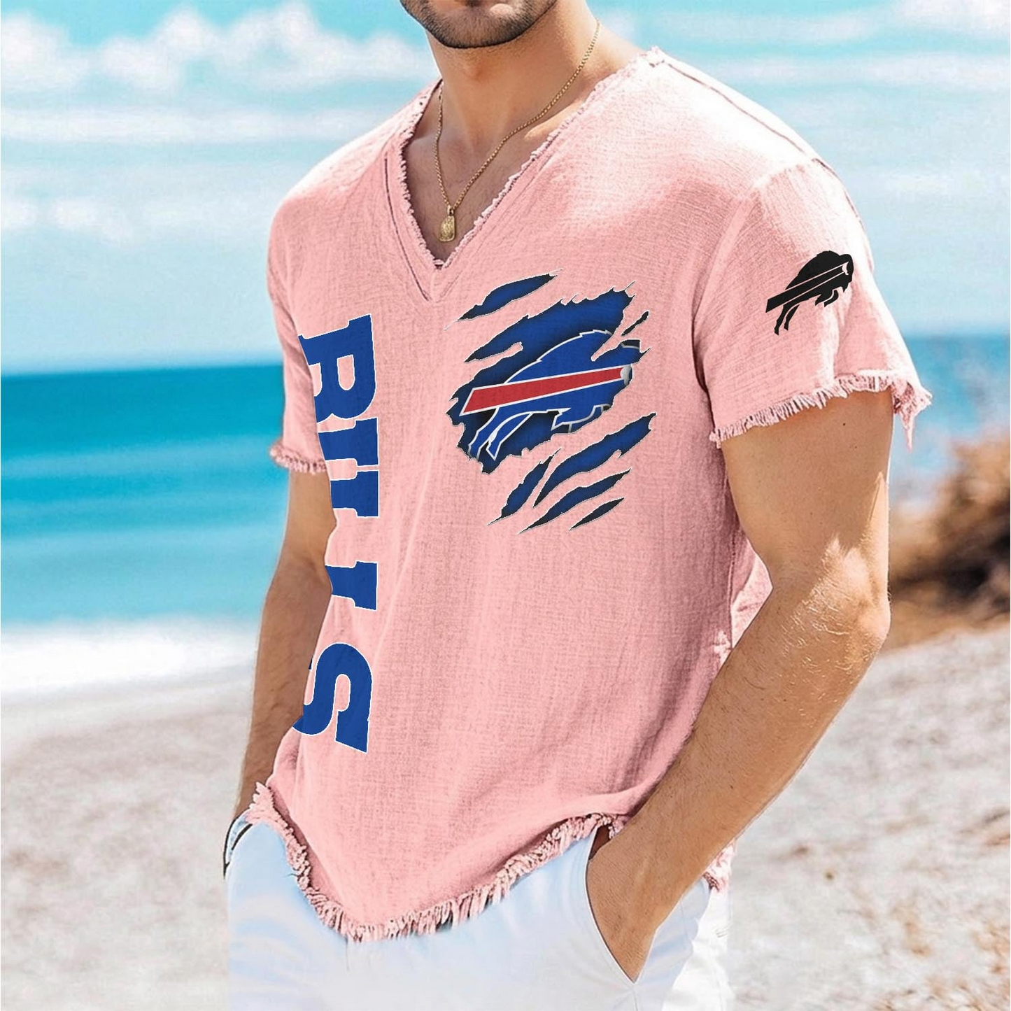BUF x NFL V-Neck Linen Beach Shirt 1905 DatND DVT