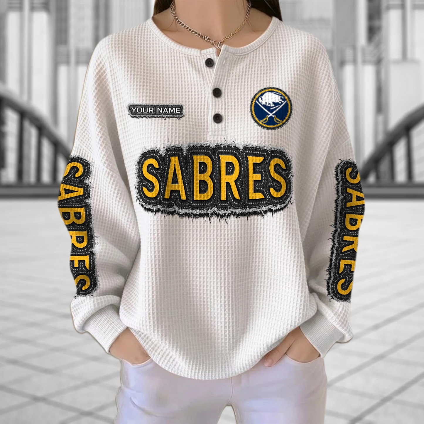 BUF x NHL Personalized Waffle Knit Henley Sweatshirt 2005 DatND DVT