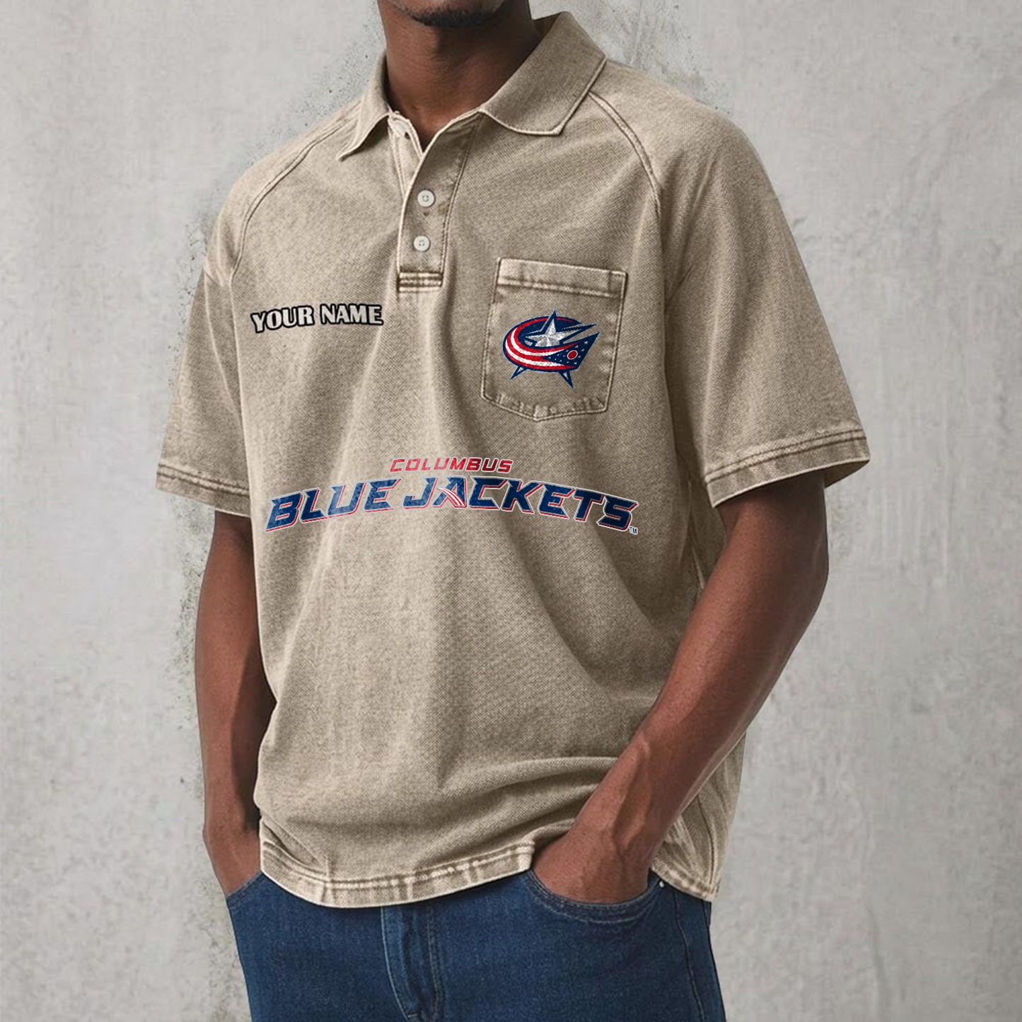 CBJ x NHL Men's Distressed Turn-Down Collar Polo DATND TANTD 250526