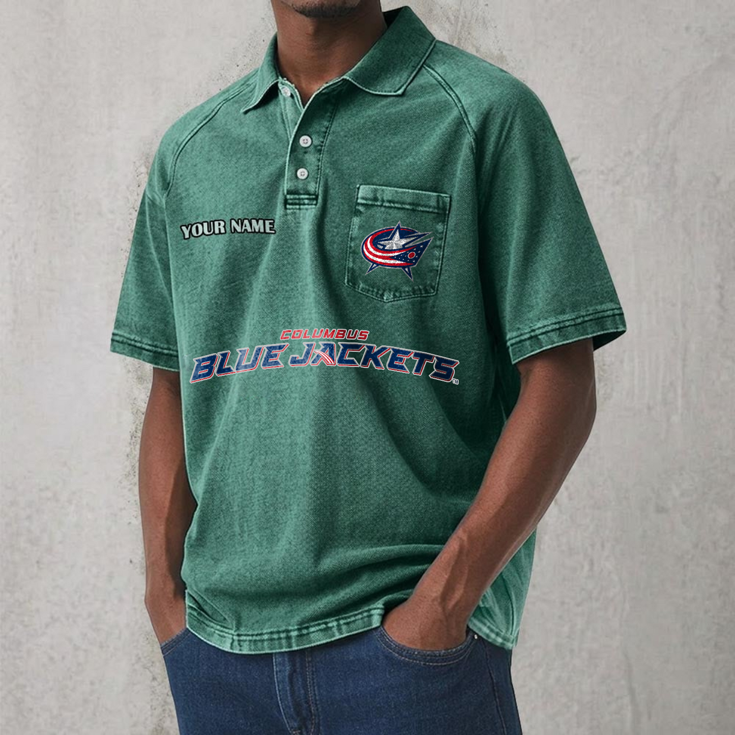 CBJ x NHL Men's Distressed Turn-Down Collar Polo DATND TANTD 250526
