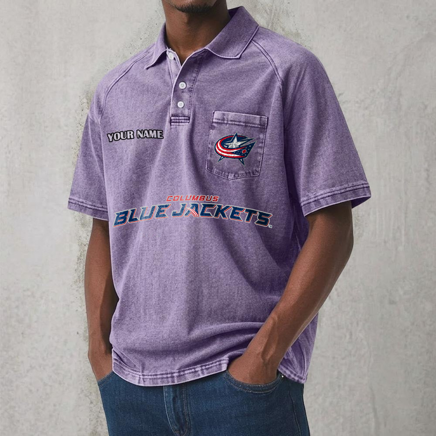 CBJ x NHL Men's Distressed Turn-Down Collar Polo DATND TANTD 250526