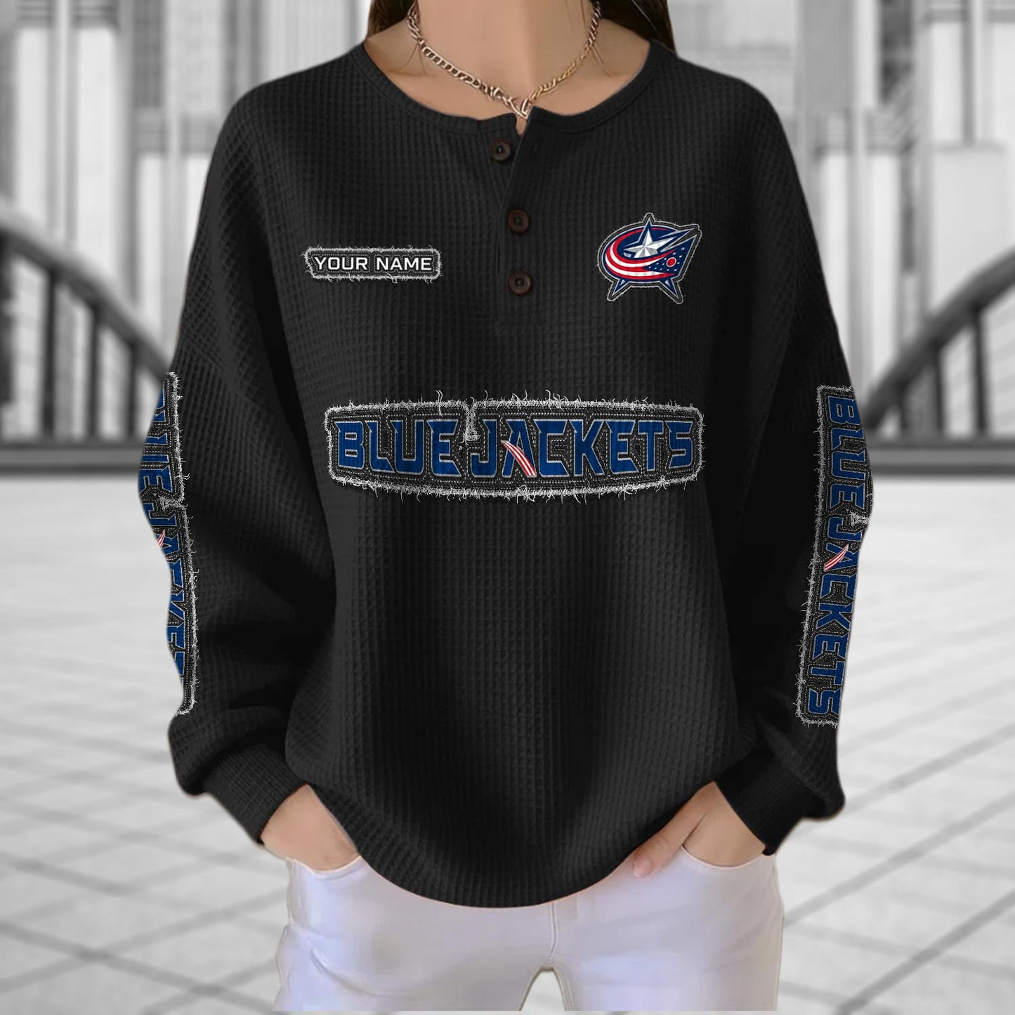 CBJ x NHL Personalized Waffle Knit Henley Sweatshirt 2005 DatND DVT