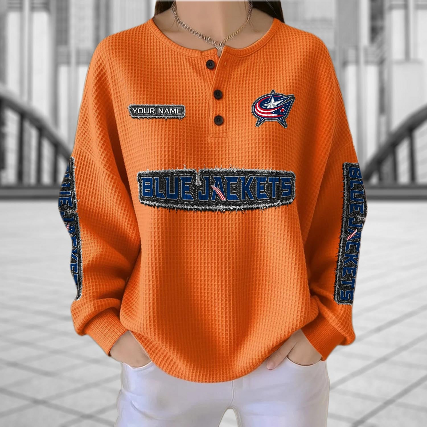 CBJ x NHL Personalized Waffle Knit Henley Sweatshirt 2005 DatND DVT