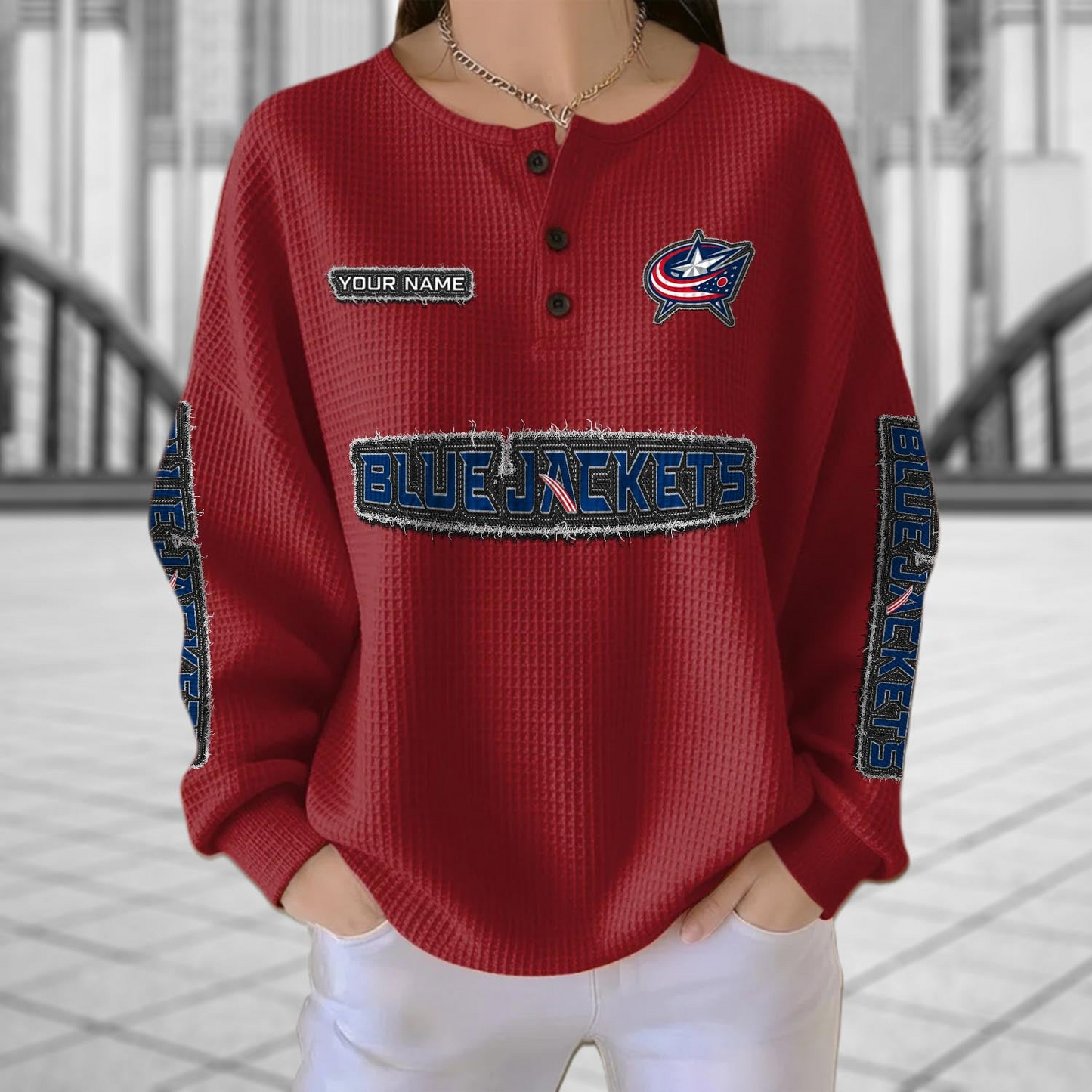 CBJ x NHL Personalized Waffle Knit Henley Sweatshirt 2005 DatND DVT