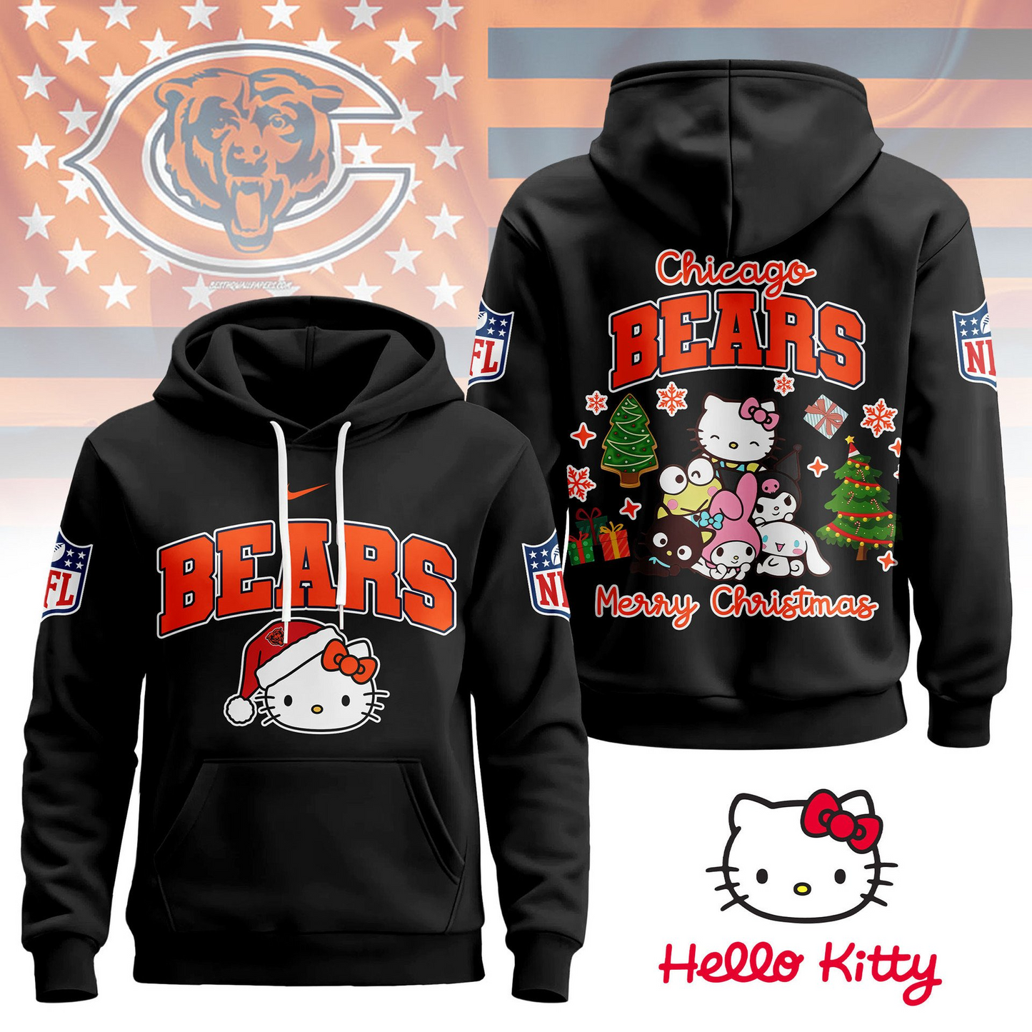 CHI Premium NFL Hello Kitty Christmas 3D Hoodie DDT CTND