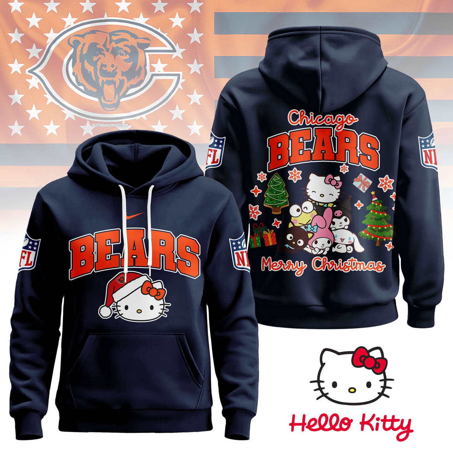CHI Premium NFL Hello Kitty Christmas 3D Hoodie DDT CTND
