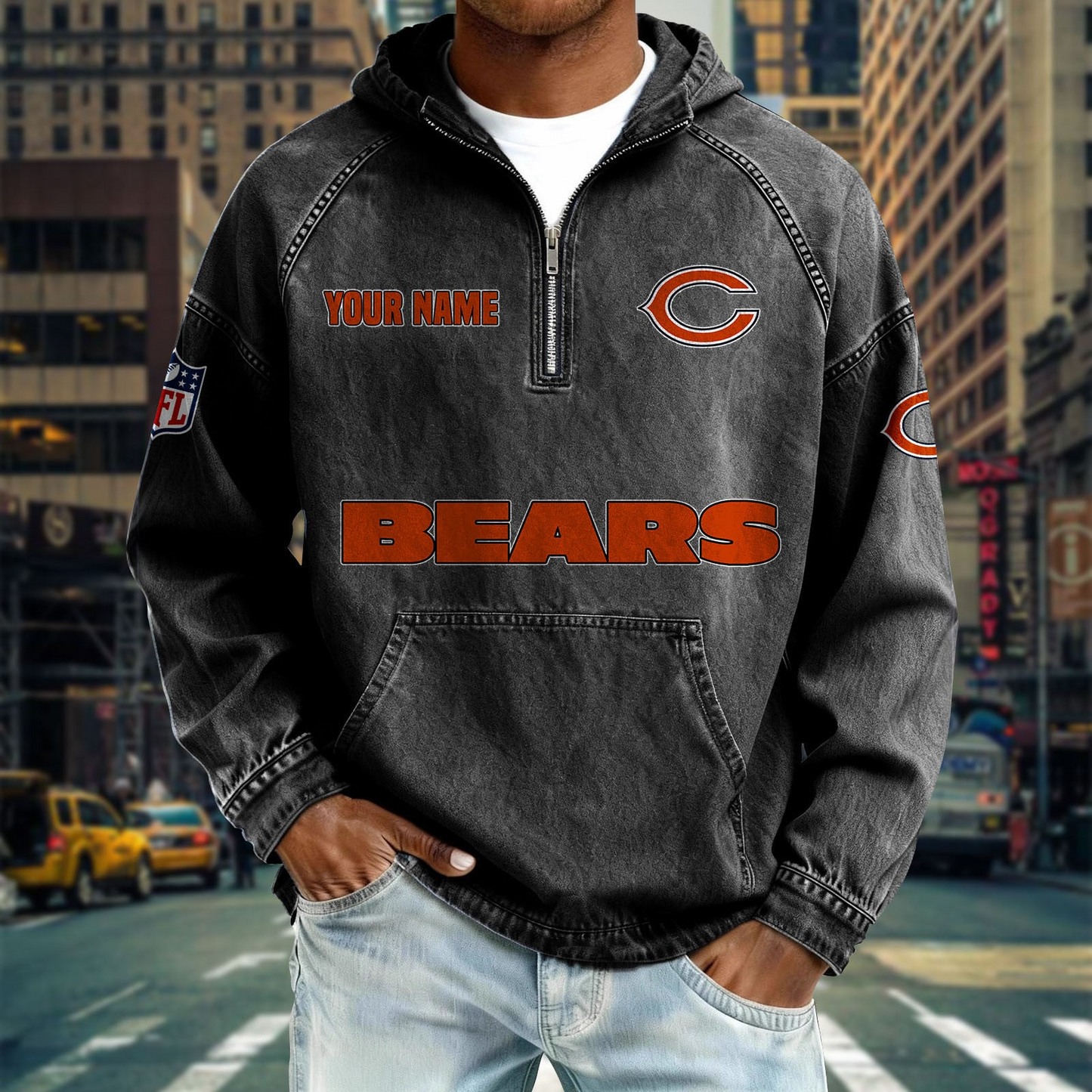 CHI x NFL Denim Long - Sleeved Hooded Sweatshirt DDT NTL