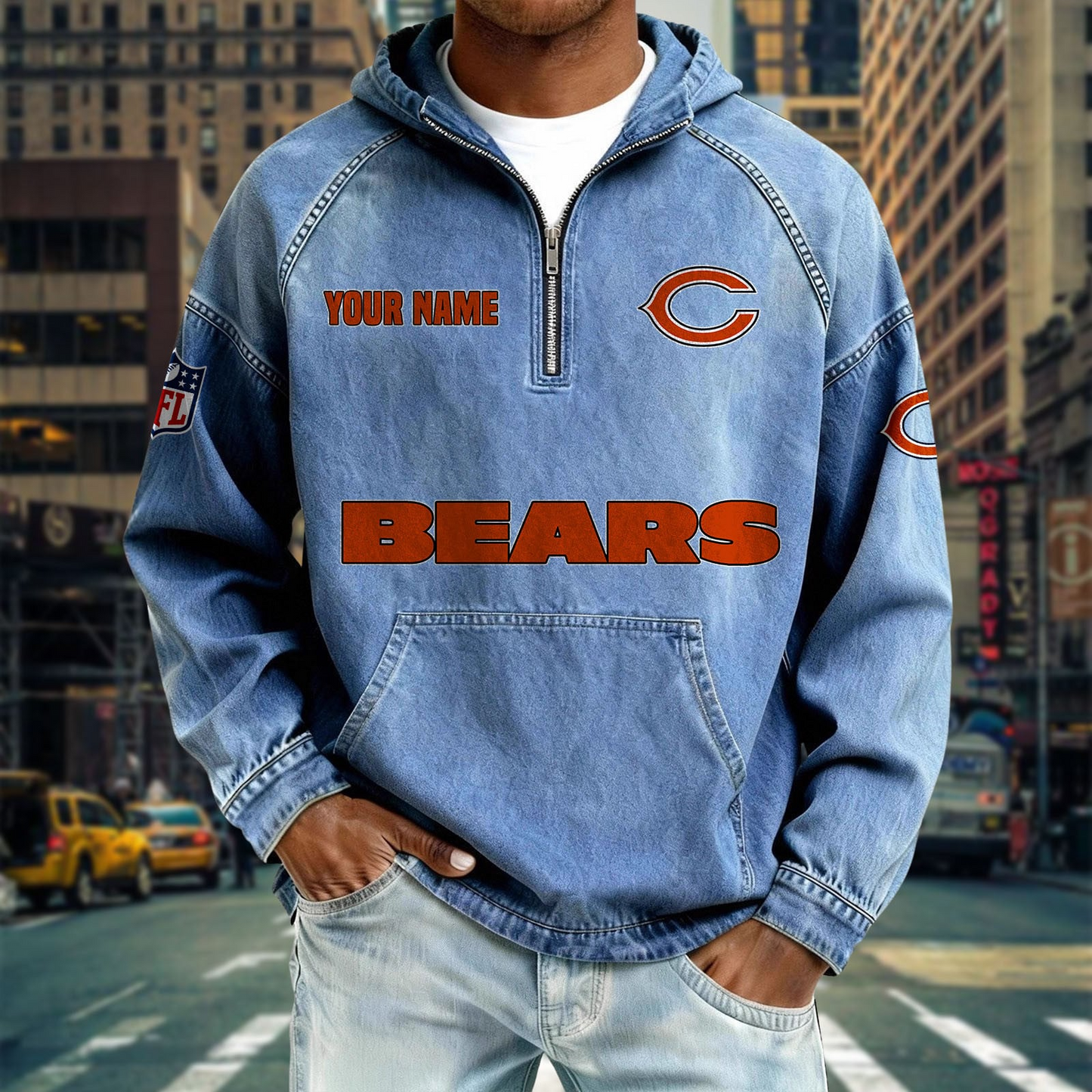 CHI x NFL Denim Long - Sleeved Hooded Sweatshirt DDT NTL
