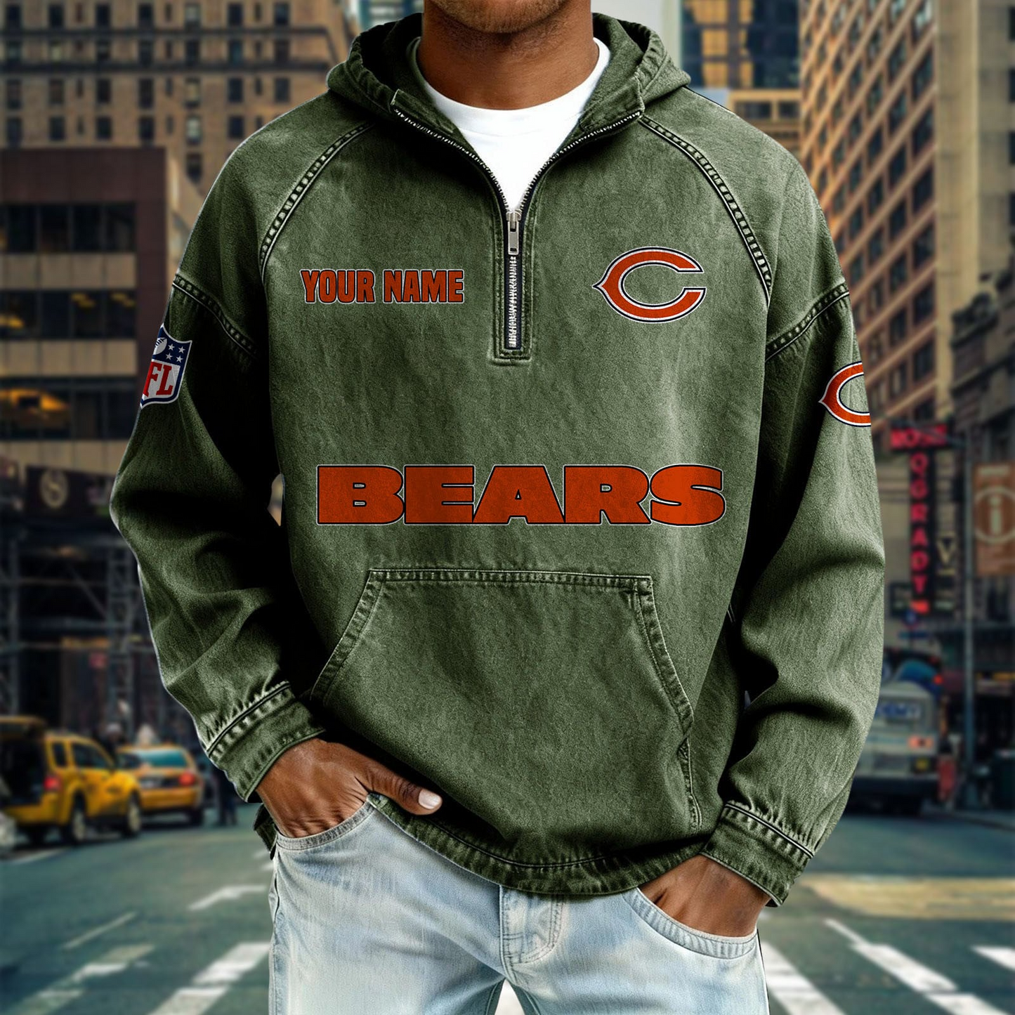 CHI x NFL Denim Long - Sleeved Hooded Sweatshirt DDT NTL