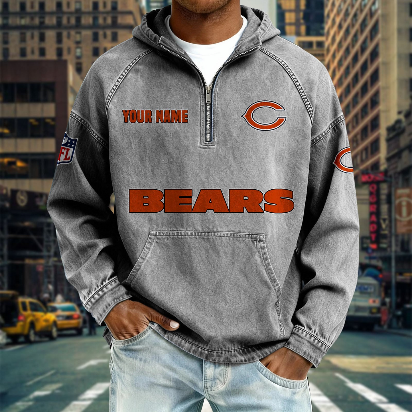 CHI x NFL Denim Long - Sleeved Hooded Sweatshirt DDT NTL