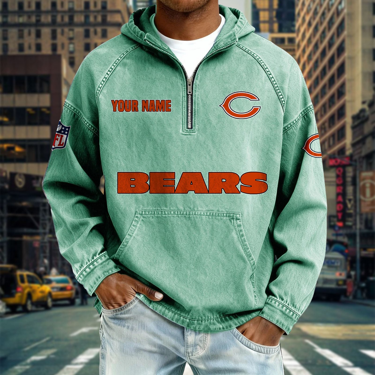 CHI x NFL Denim Long - Sleeved Hooded Sweatshirt DDT NTL