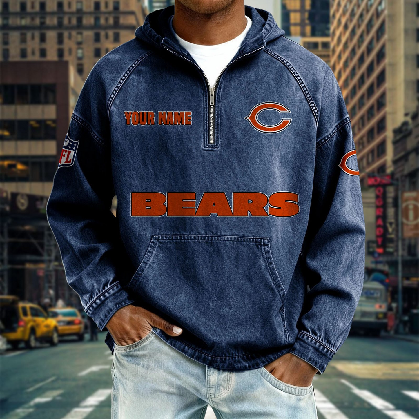 CHI x NFL Denim Long - Sleeved Hooded Sweatshirt DDT NTL