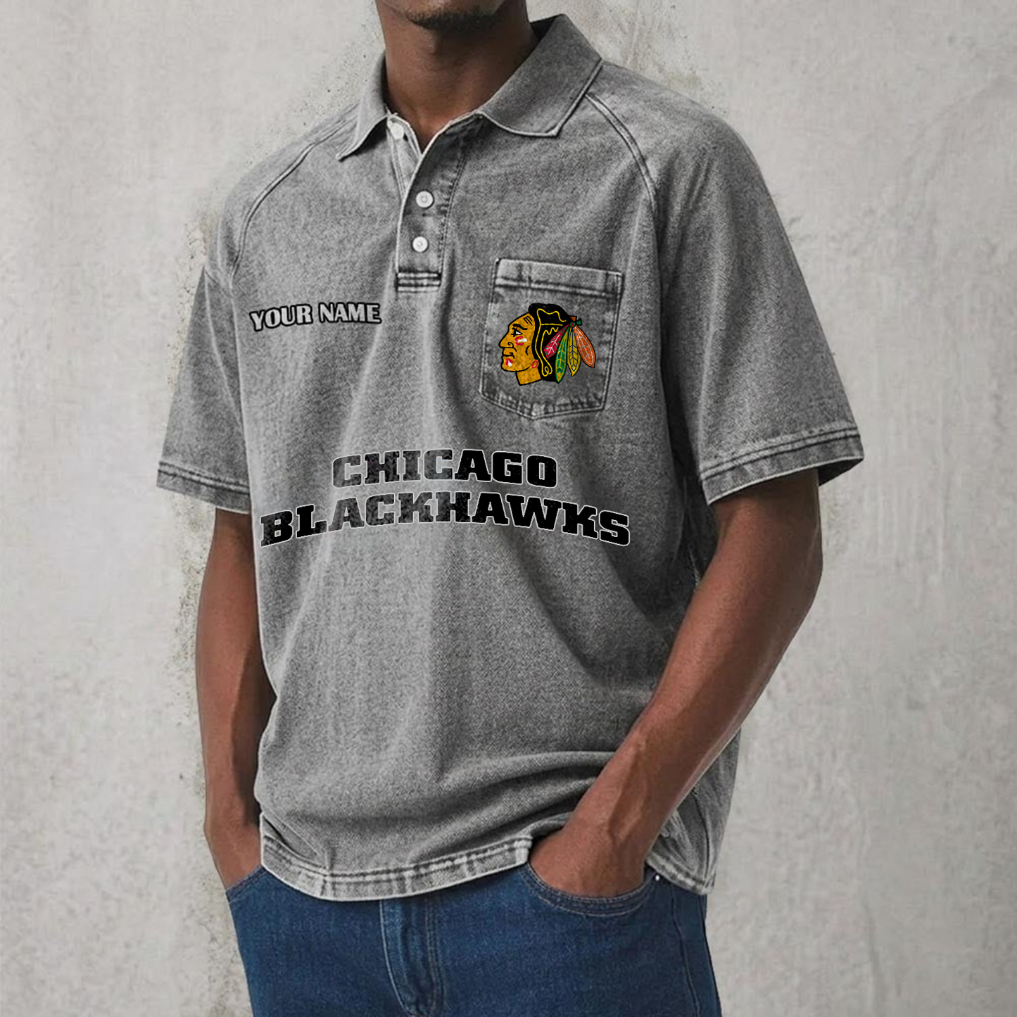 CHI x NHL Men's Distressed Turn-Down Collar Polo DATND TANTD 250526