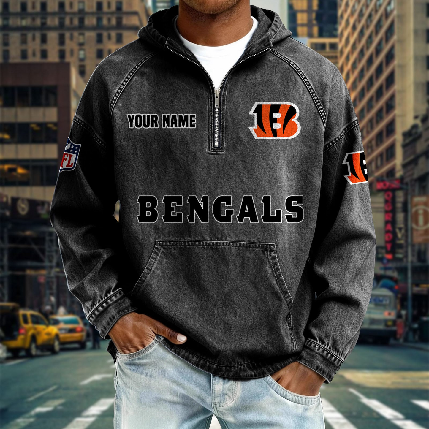 CIN x NFL Denim Long - Sleeved Hooded Sweatshirt DDT NTL