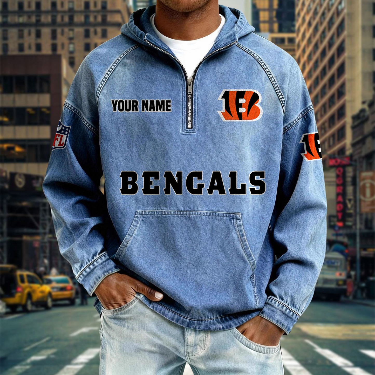 CIN x NFL Denim Long - Sleeved Hooded Sweatshirt DDT NTL