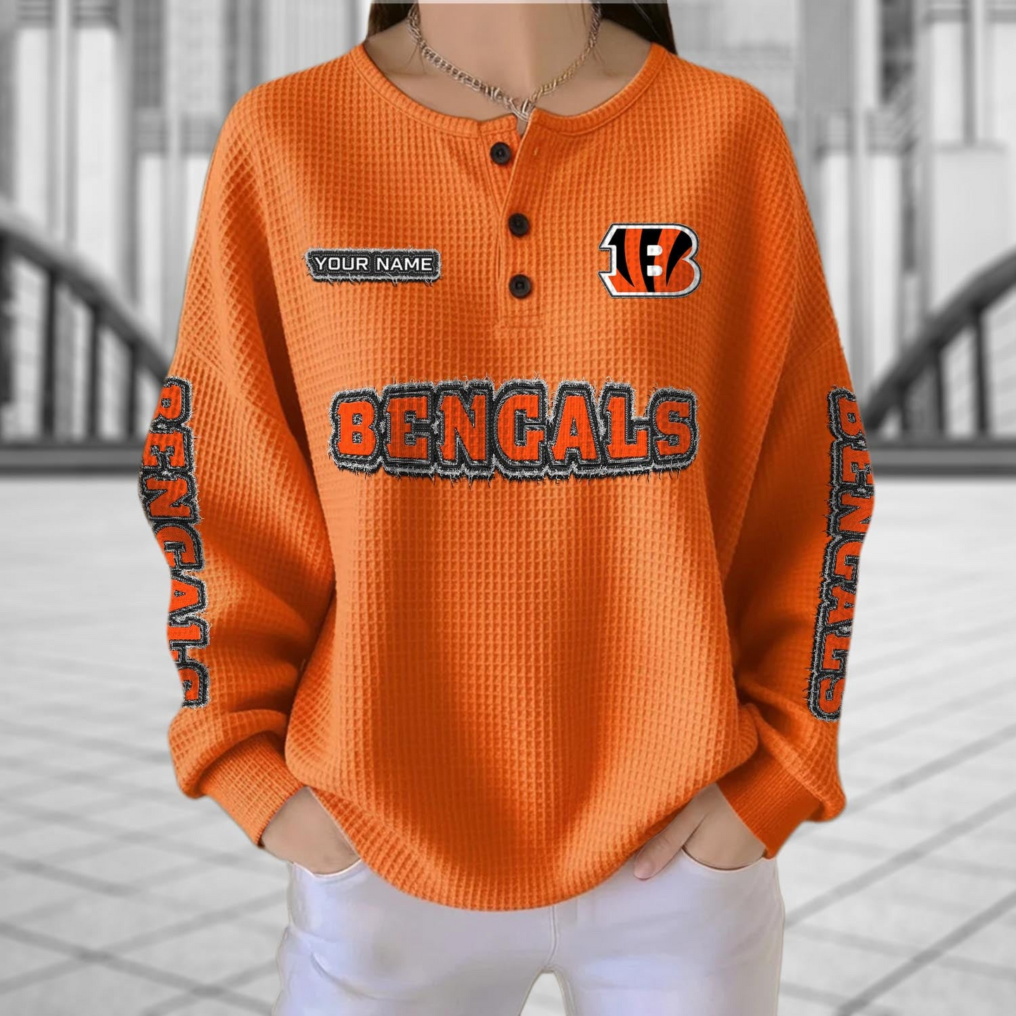 CIN x NFL Personalized Waffle Knit Henley Sweatshirt 2005 DatND DVT