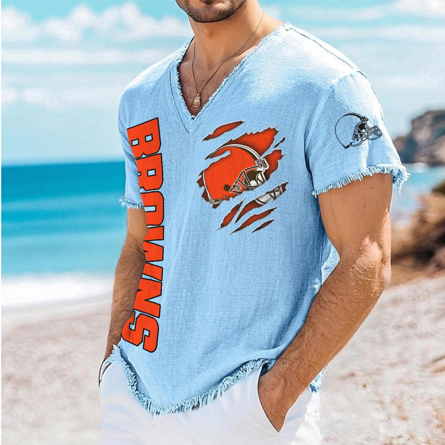 CLE x NFL V-Neck Linen Beach Shirt 1905 DatND DVT