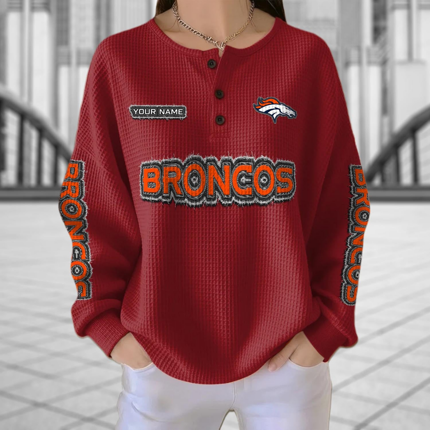 DEN x NFL Personalized Waffle Knit Henley Sweatshirt 2005 DatND DVT