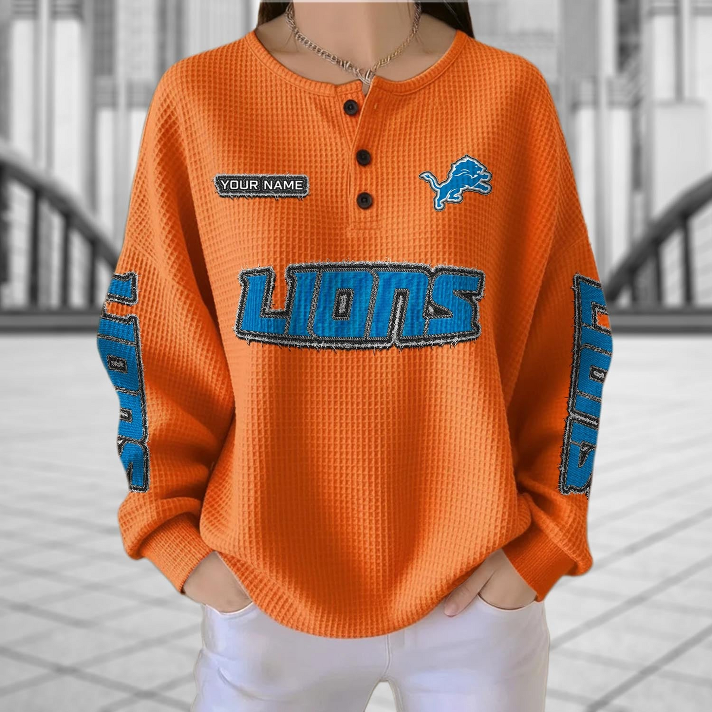 DET x NFL Personalized Waffle Knit Henley Sweatshirt 2005 DatND DVT
